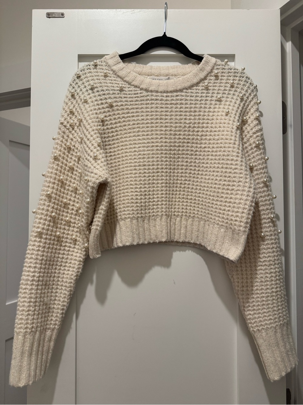 Altar'd State Cream Pearl-Embellished Cropped Sweater